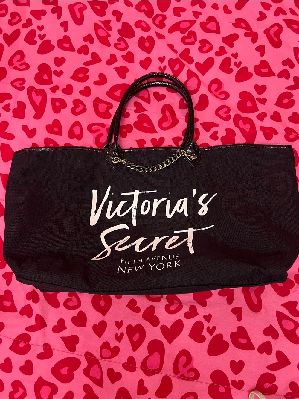 Victoria's Secret Black Tote with White Logo and Chain Detail